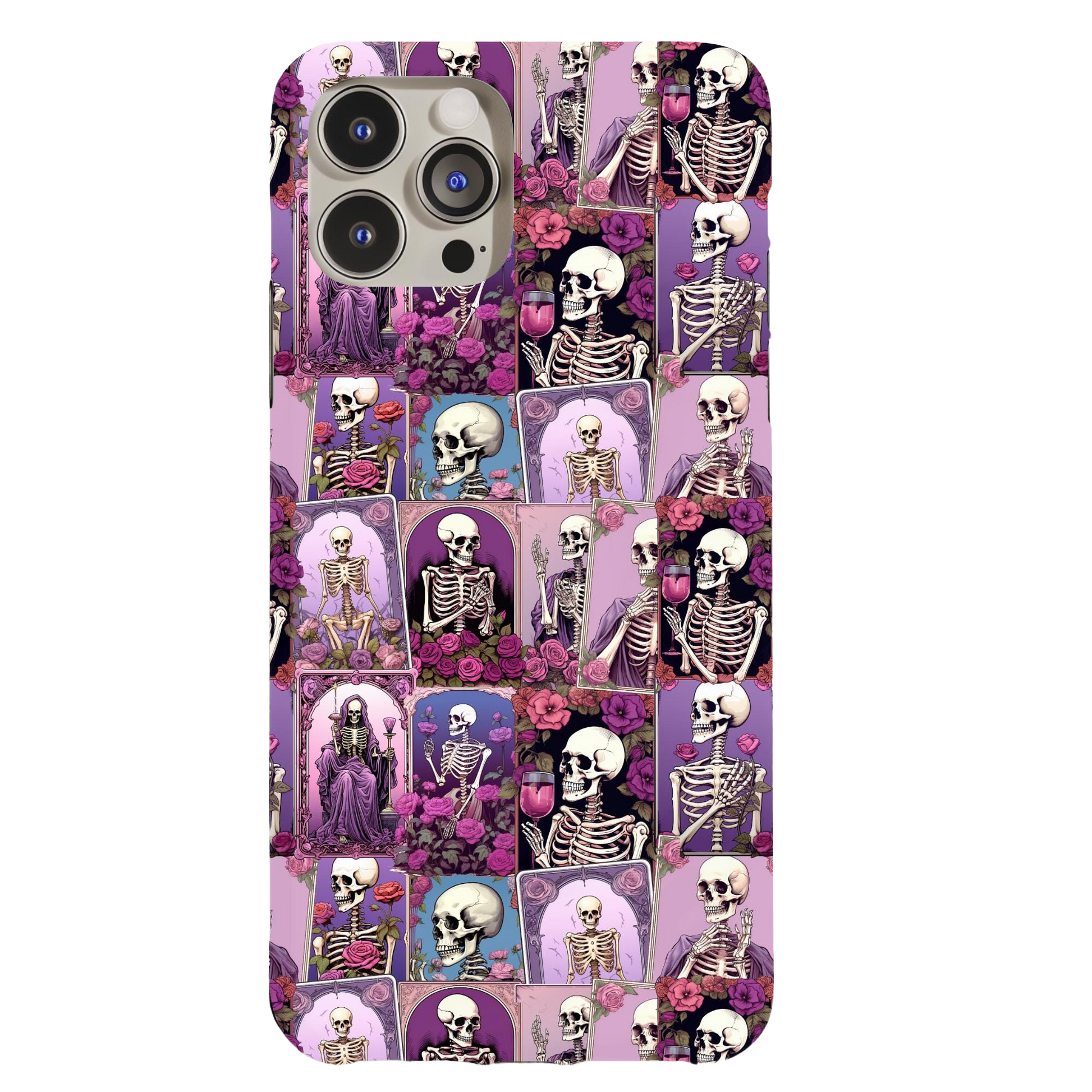 a phone case with skulls and flowers on it