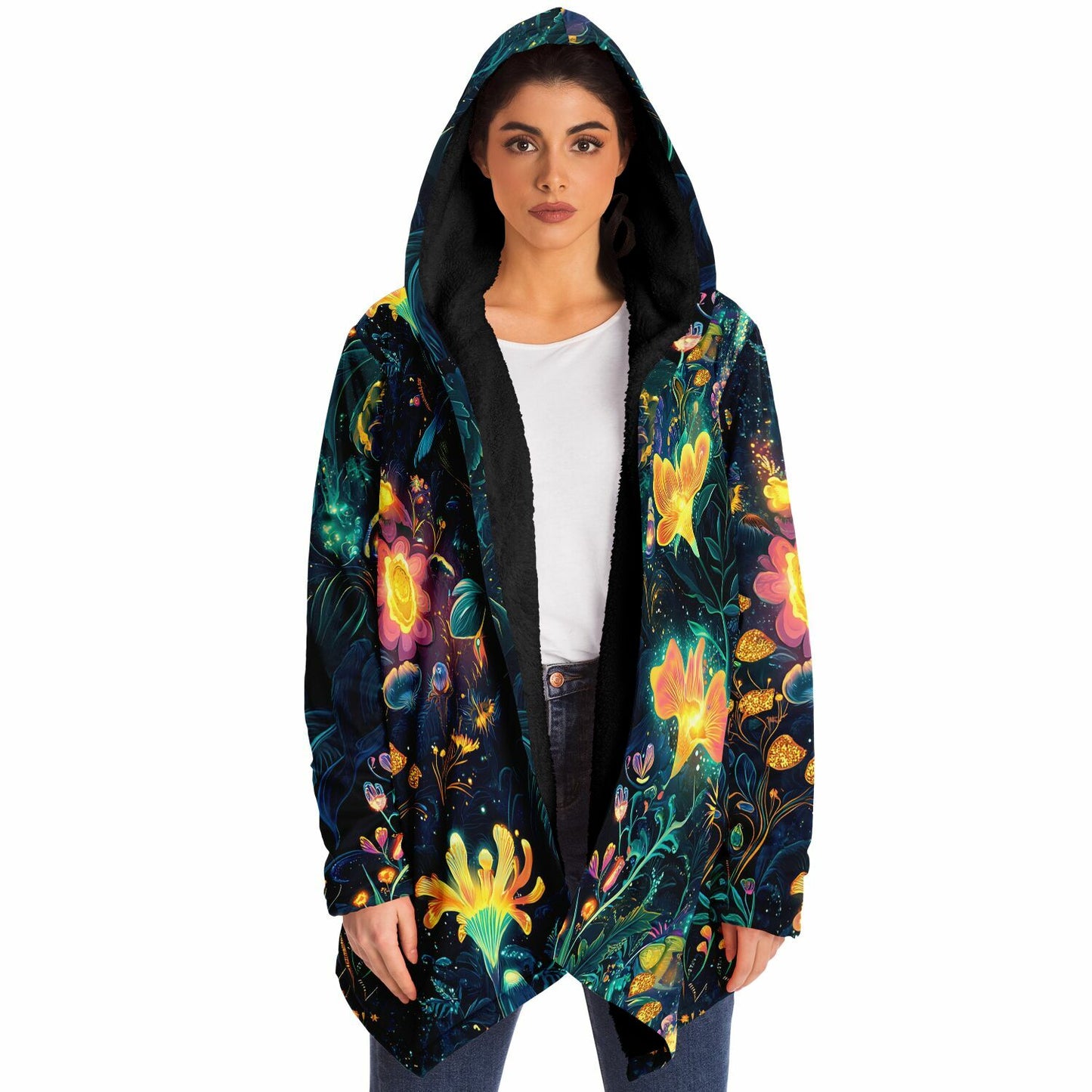 Glowing Floral Rave Festival Cloak | Winter Fleece Festival Coat