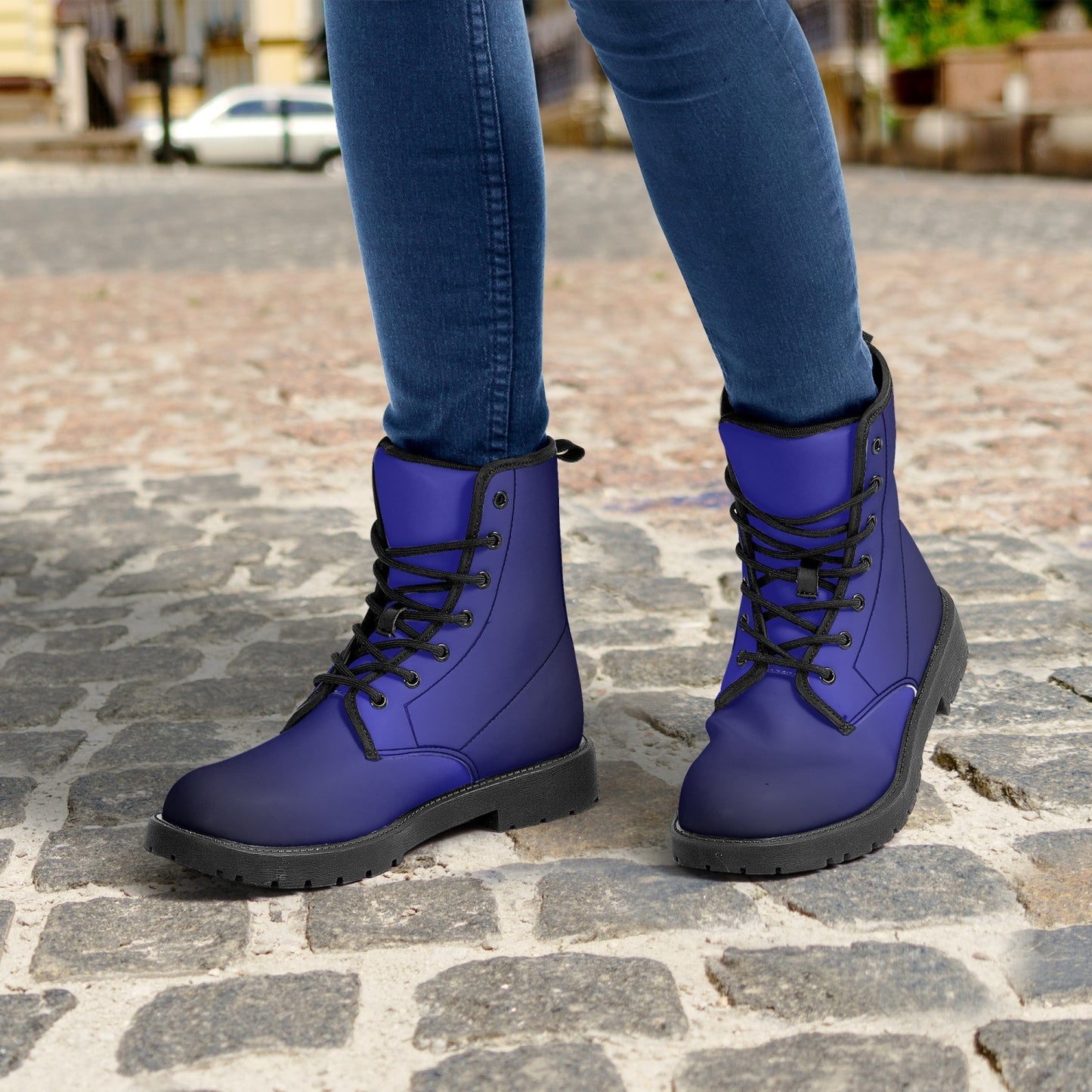 Black Blue Gradient Leather Combat Boots