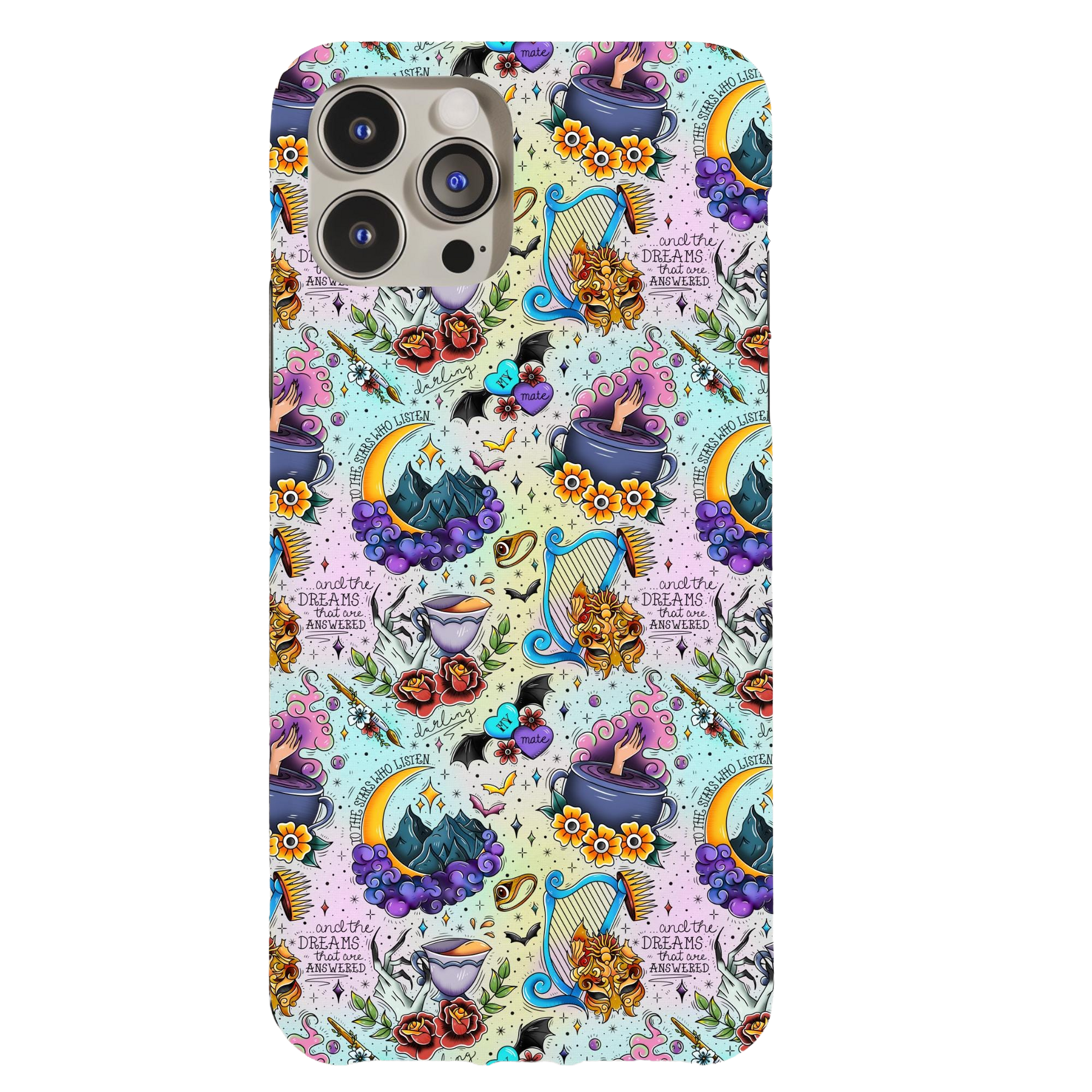 a phone case with a pattern of cats and flowers