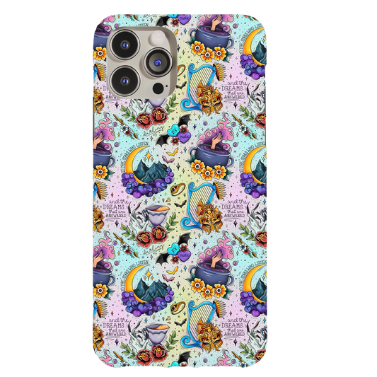 a phone case with a pattern of cats and flowers