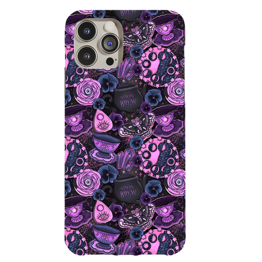 a purple and black phone case with skulls and flowers