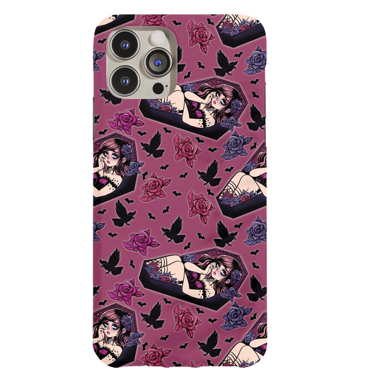 a pink phone case with a picture of a woman on it