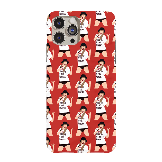 a red phone case with an image of a woman