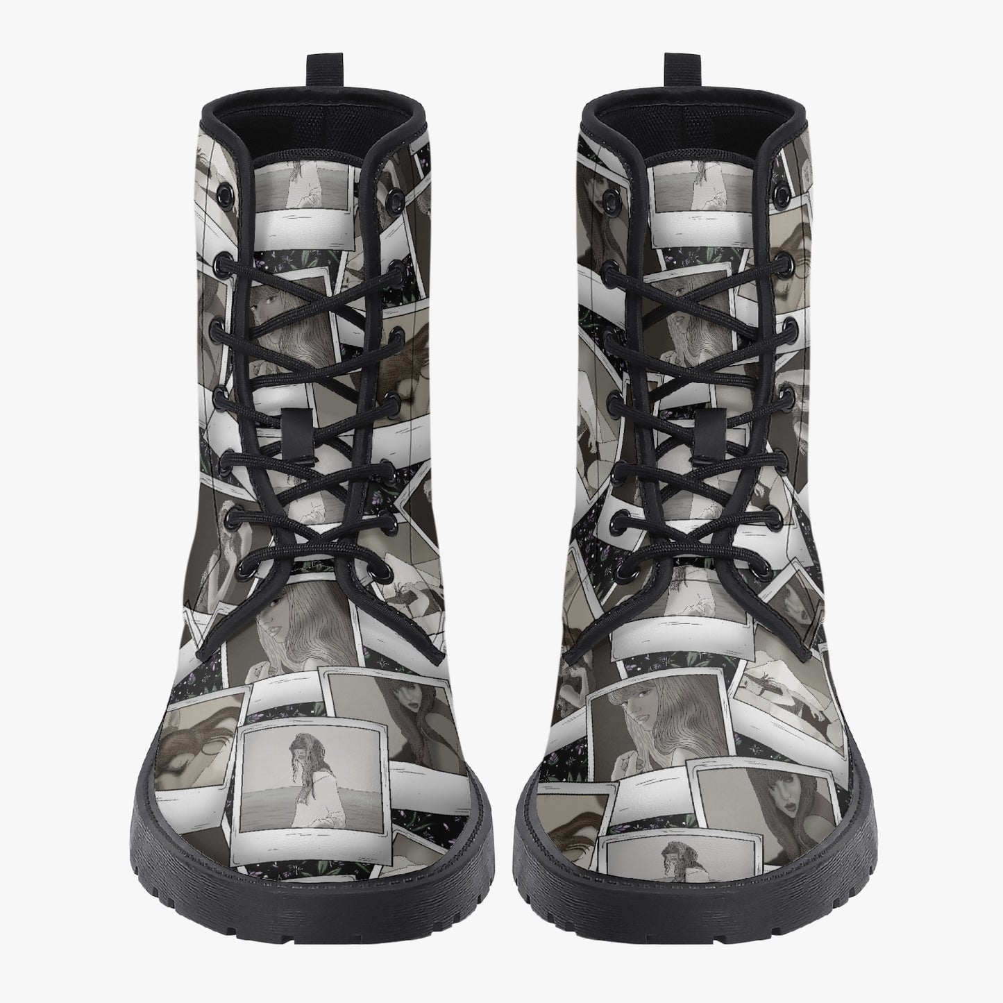 Black White TSwift Polaroids Leather Combat Boots