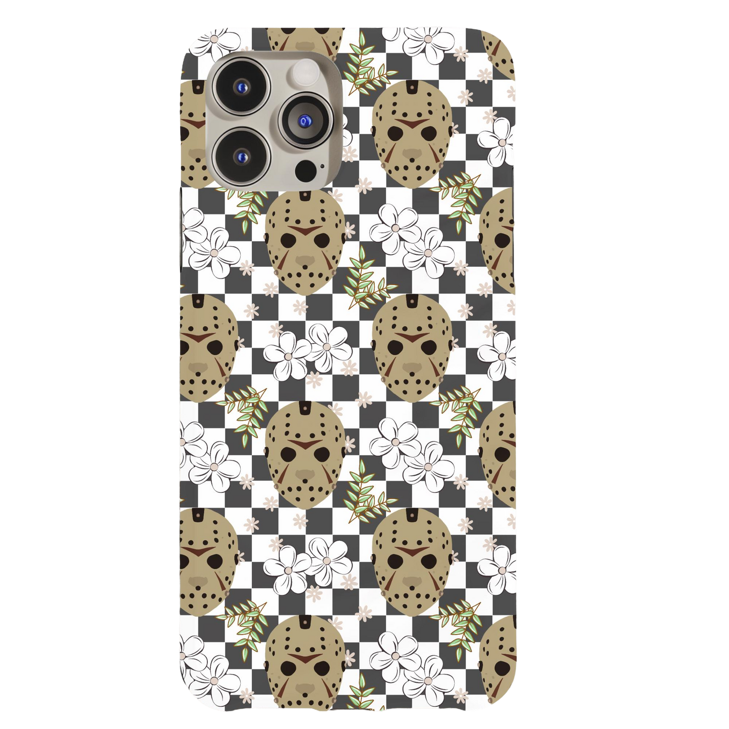 a phone case with a dog's face on a checkered background