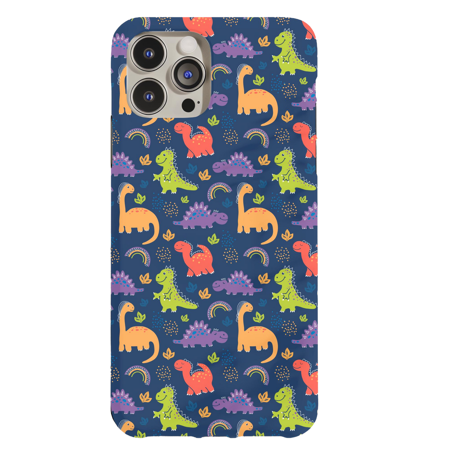 a phone case with colorful dinosaurs on a blue background