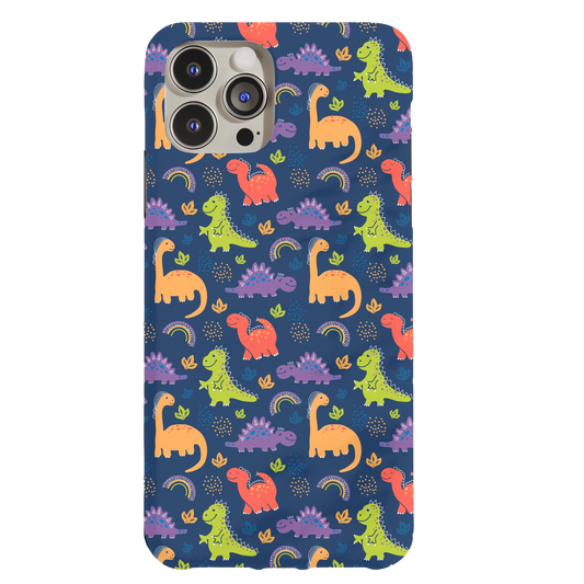 a phone case with colorful dinosaurs on a blue background