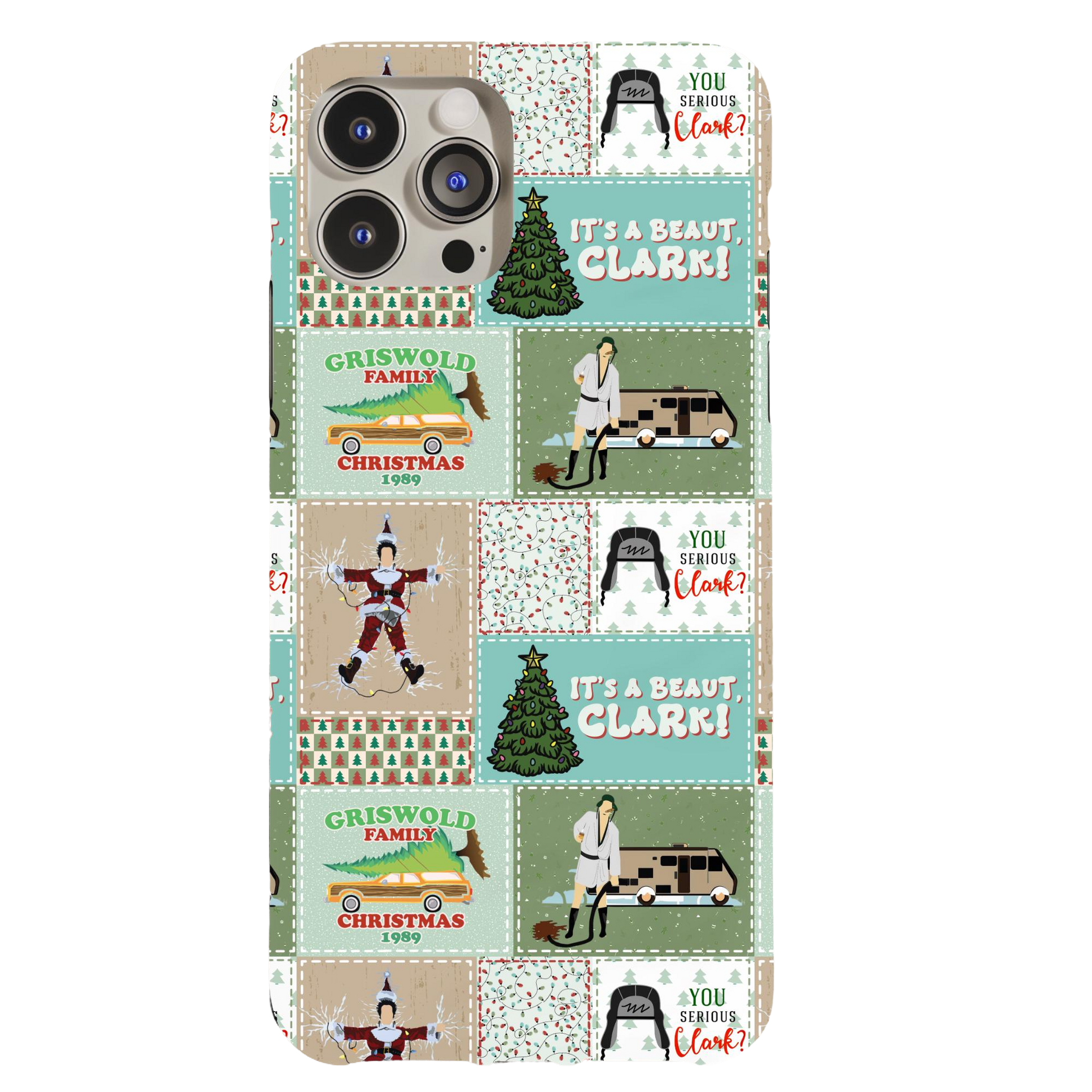 a phone case with an image of a man and a christmas tree