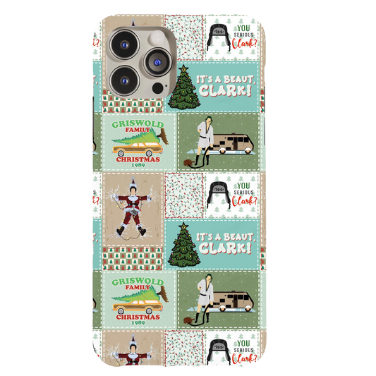 a phone case with an image of a man and a christmas tree