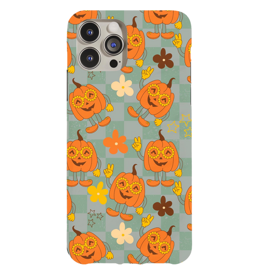 a phone case with pumpkins and flowers on it