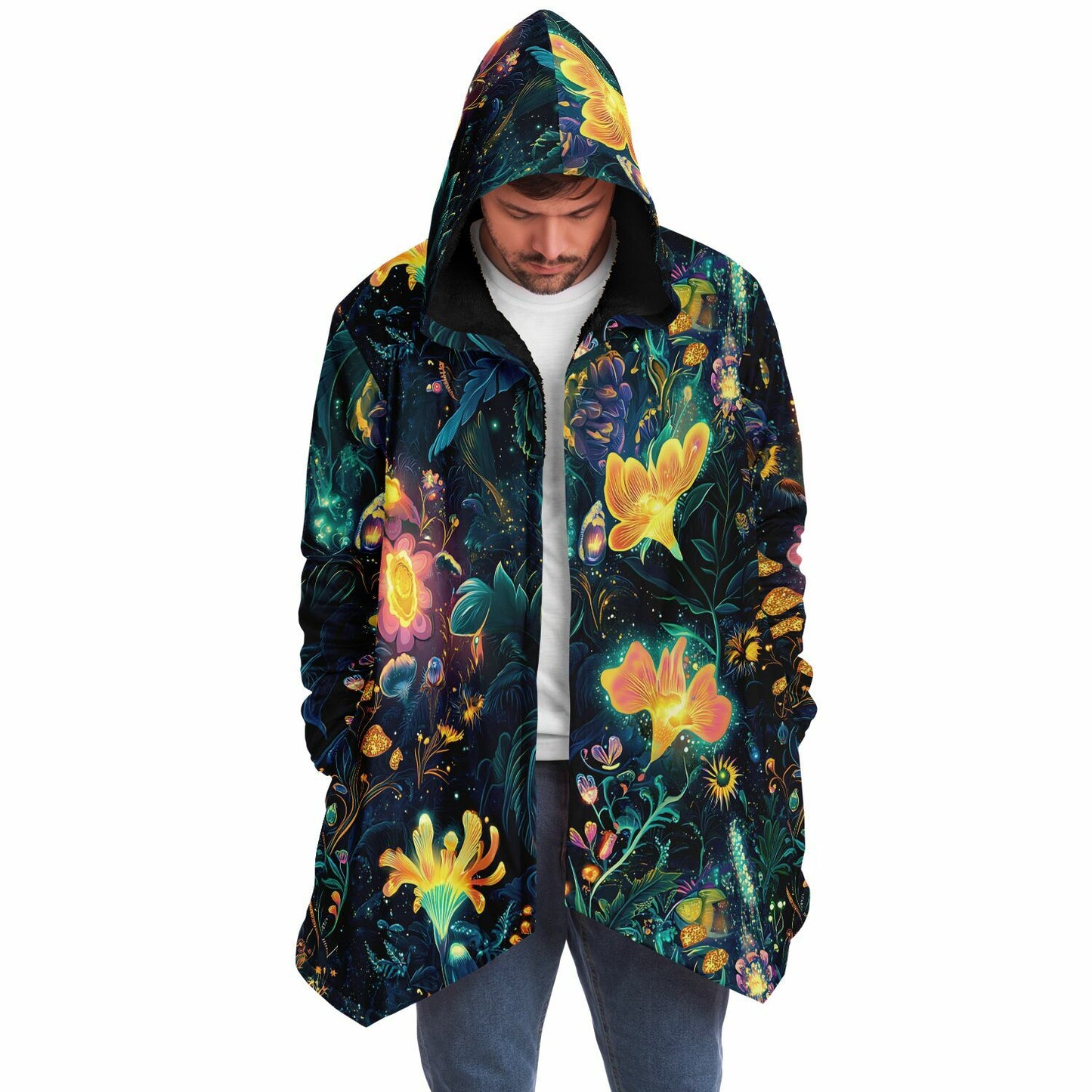 Glowing Floral Rave Festival Cloak | Winter Fleece Festival Coat