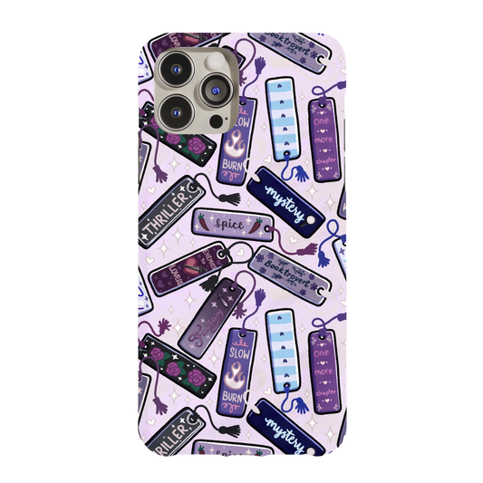 a purple phone case with a bunch of different items on it