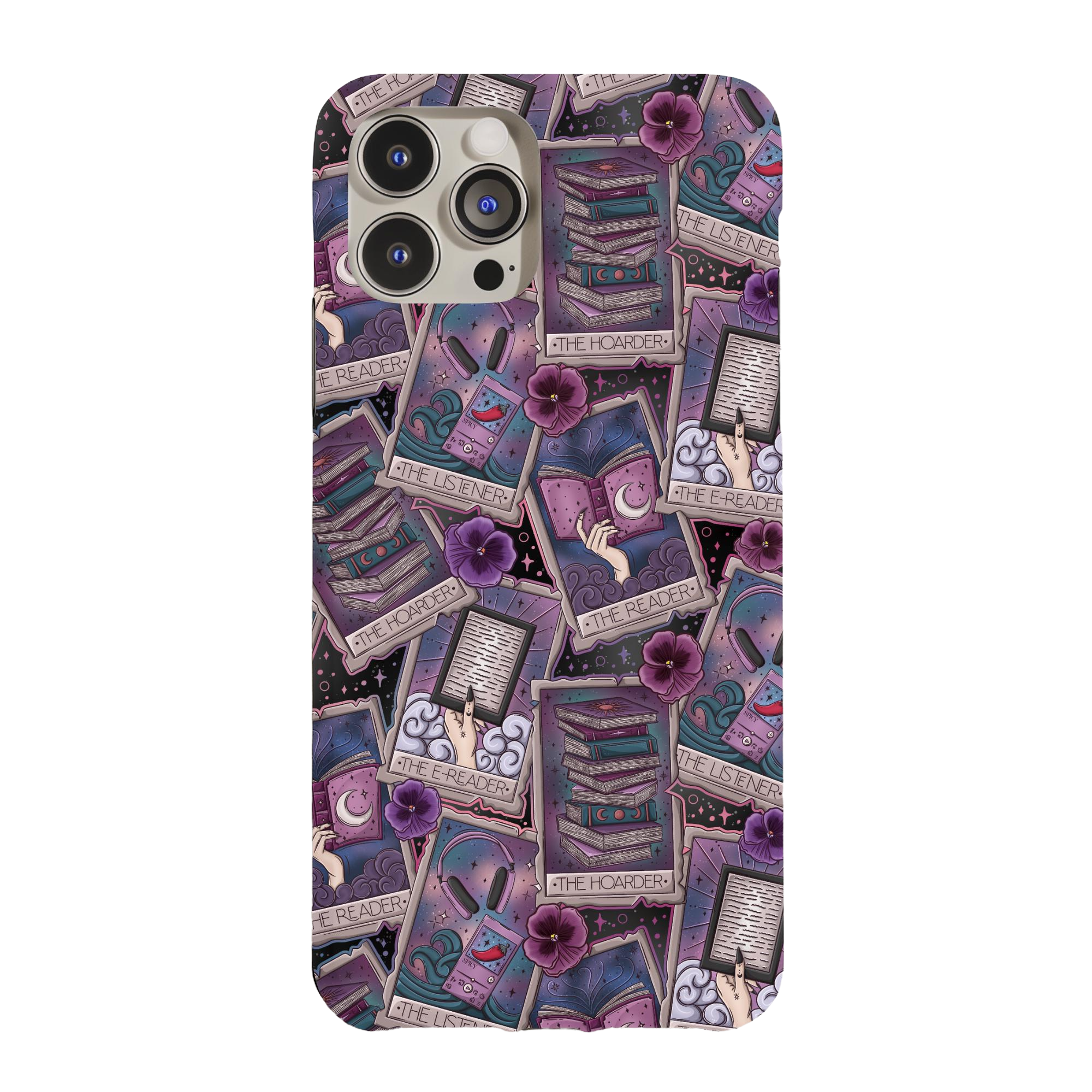 a phone case with a pattern of purple flowers