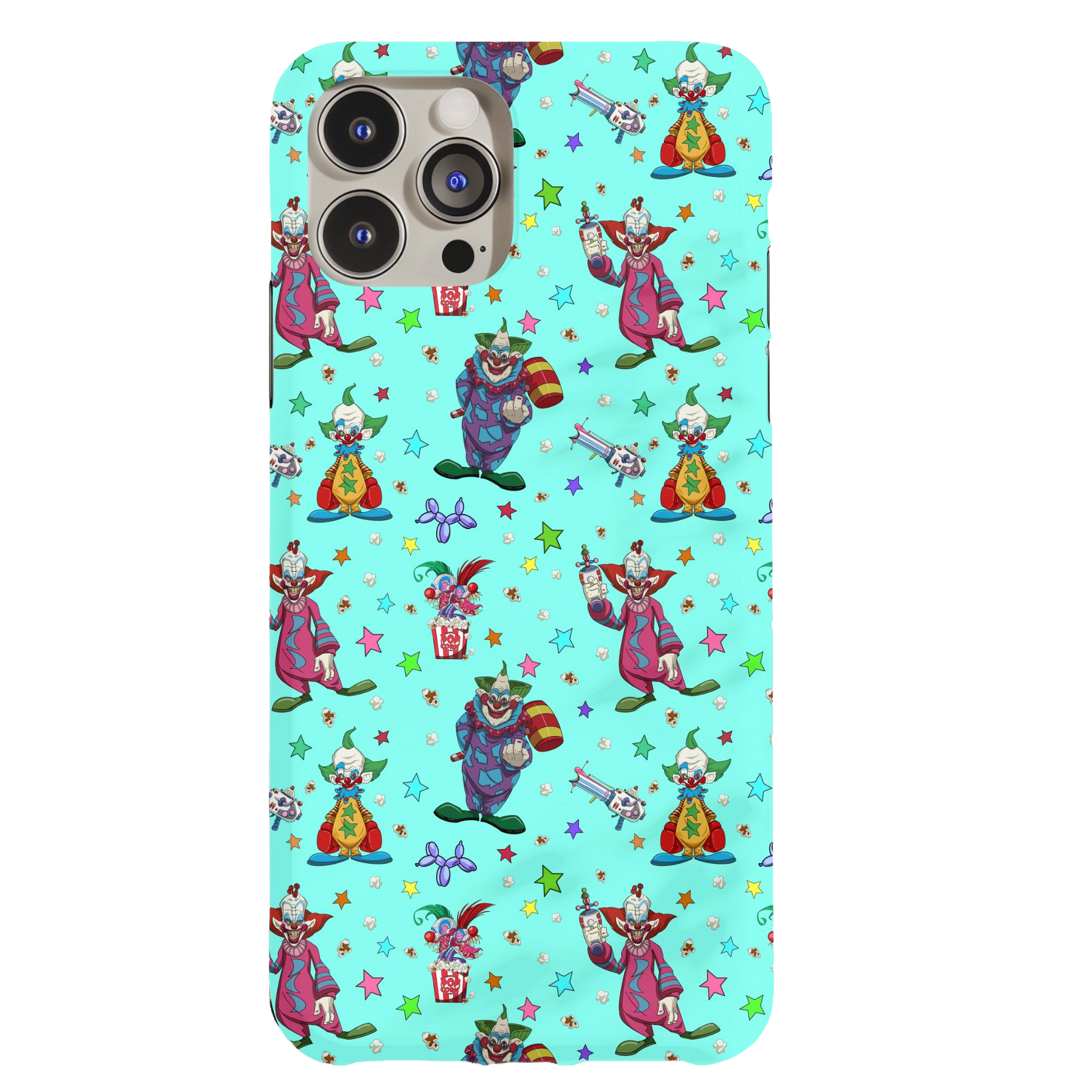 a phone case with a pattern of clowns on a blue background