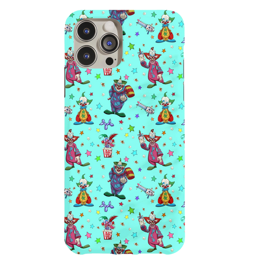 a phone case with a pattern of clowns on a blue background