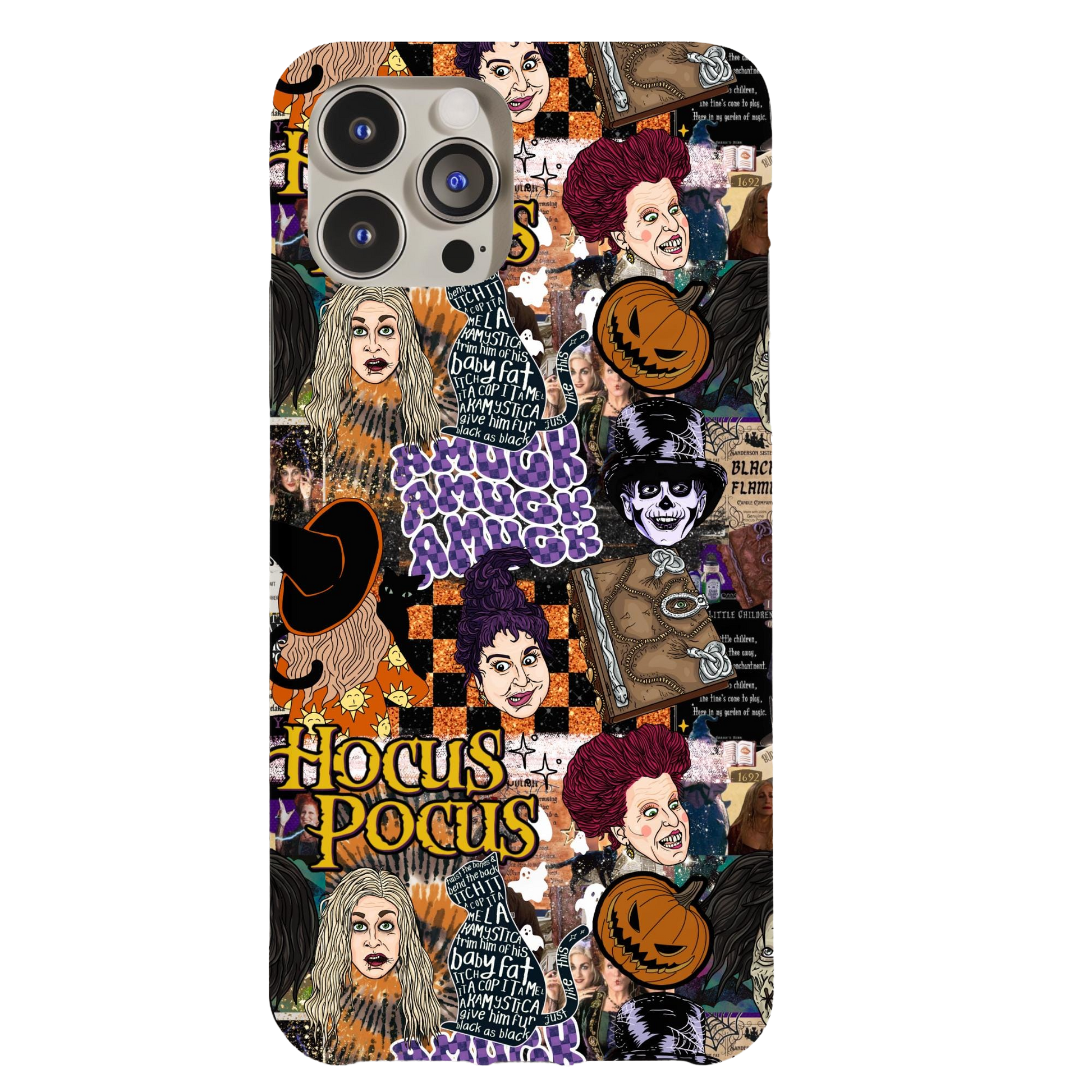 a cell phone case with a bunch of halloween characters on it