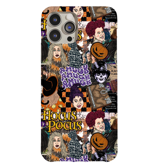 a cell phone case with a bunch of halloween characters on it