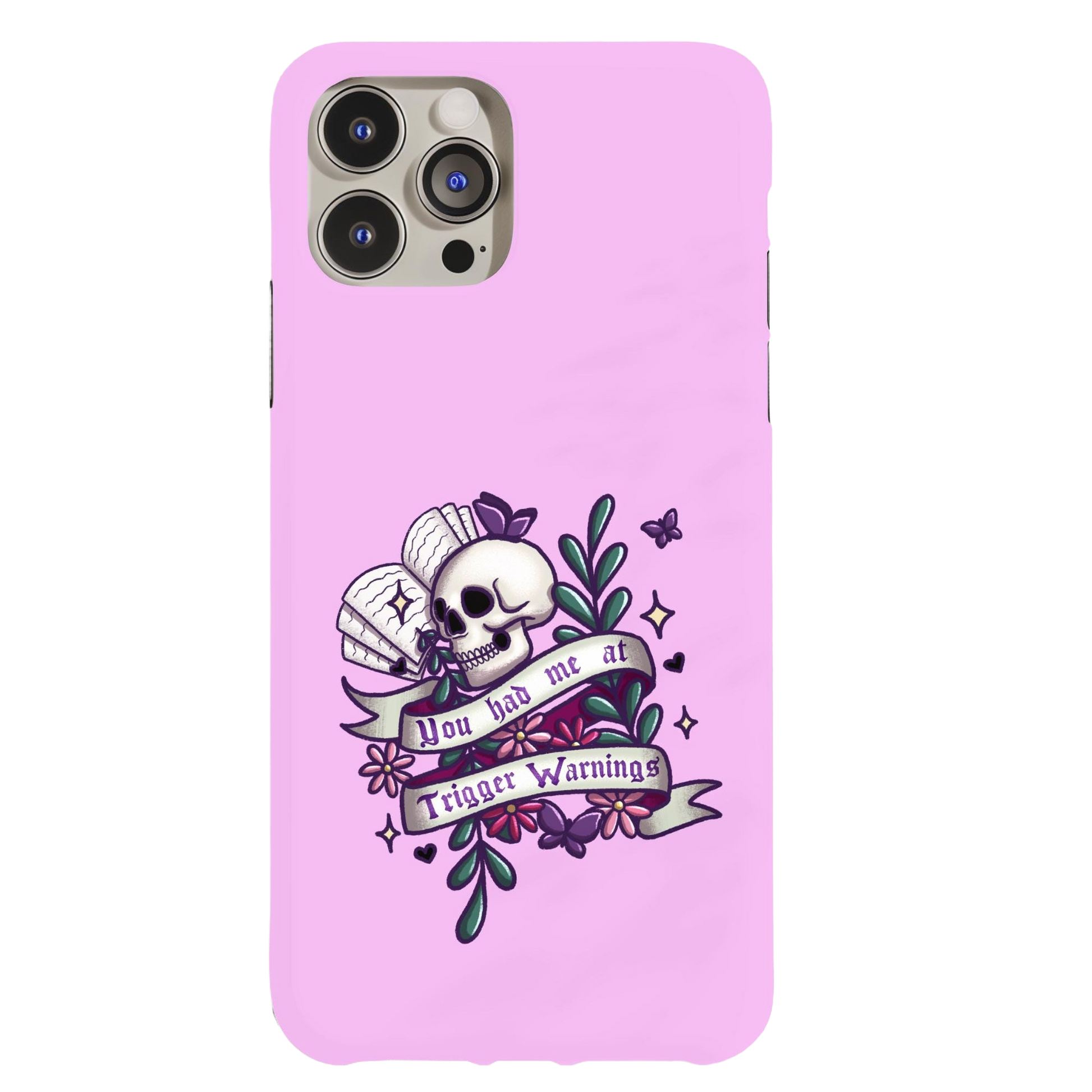 a pink phone case with a skull on it