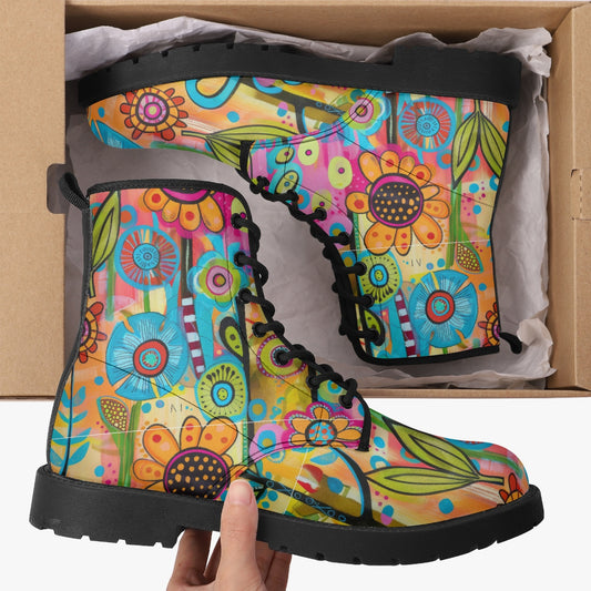 Floral Artwork Leather Combat Boots