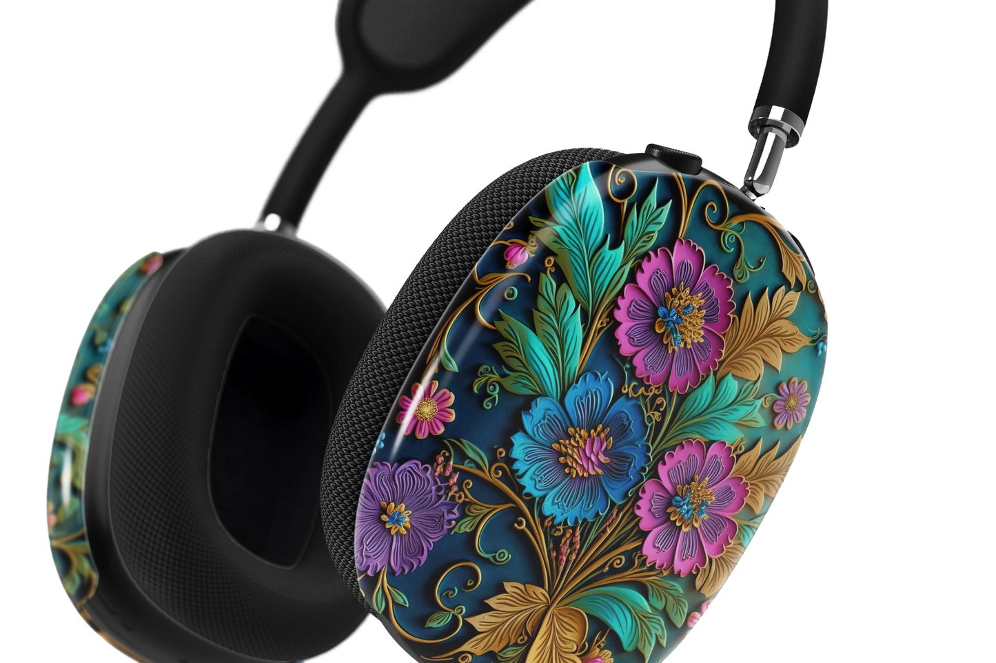 a pair of headphones with colorful flowers on them