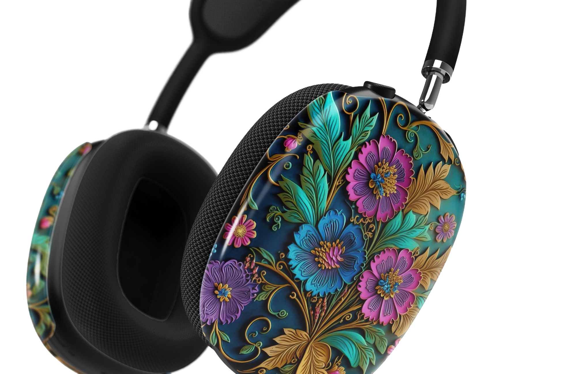 a pair of headphones with colorful flowers on them