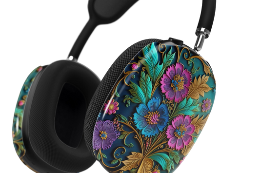 a pair of headphones with colorful flowers on them