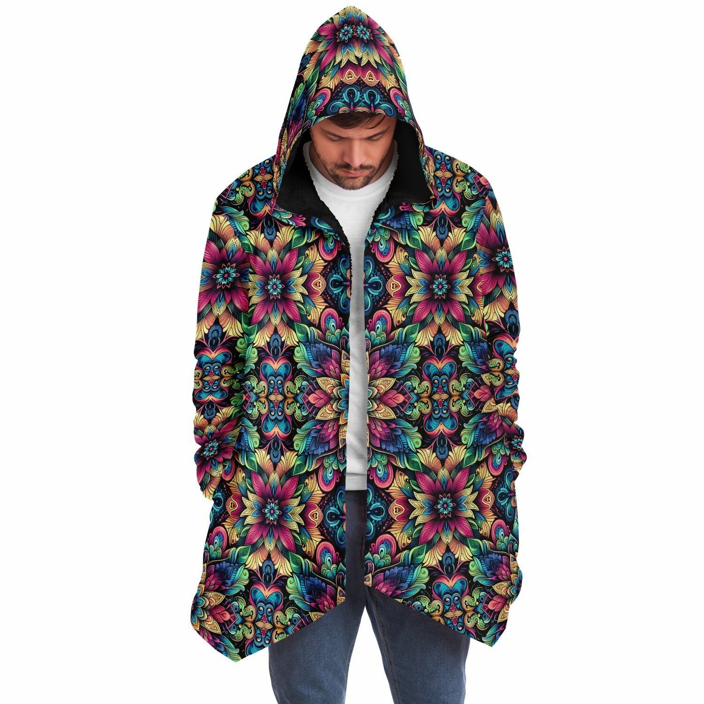 Psychedelic Steampunk Floral Mandala Rave Festival Cloak | Winter Fleece Festival Coat