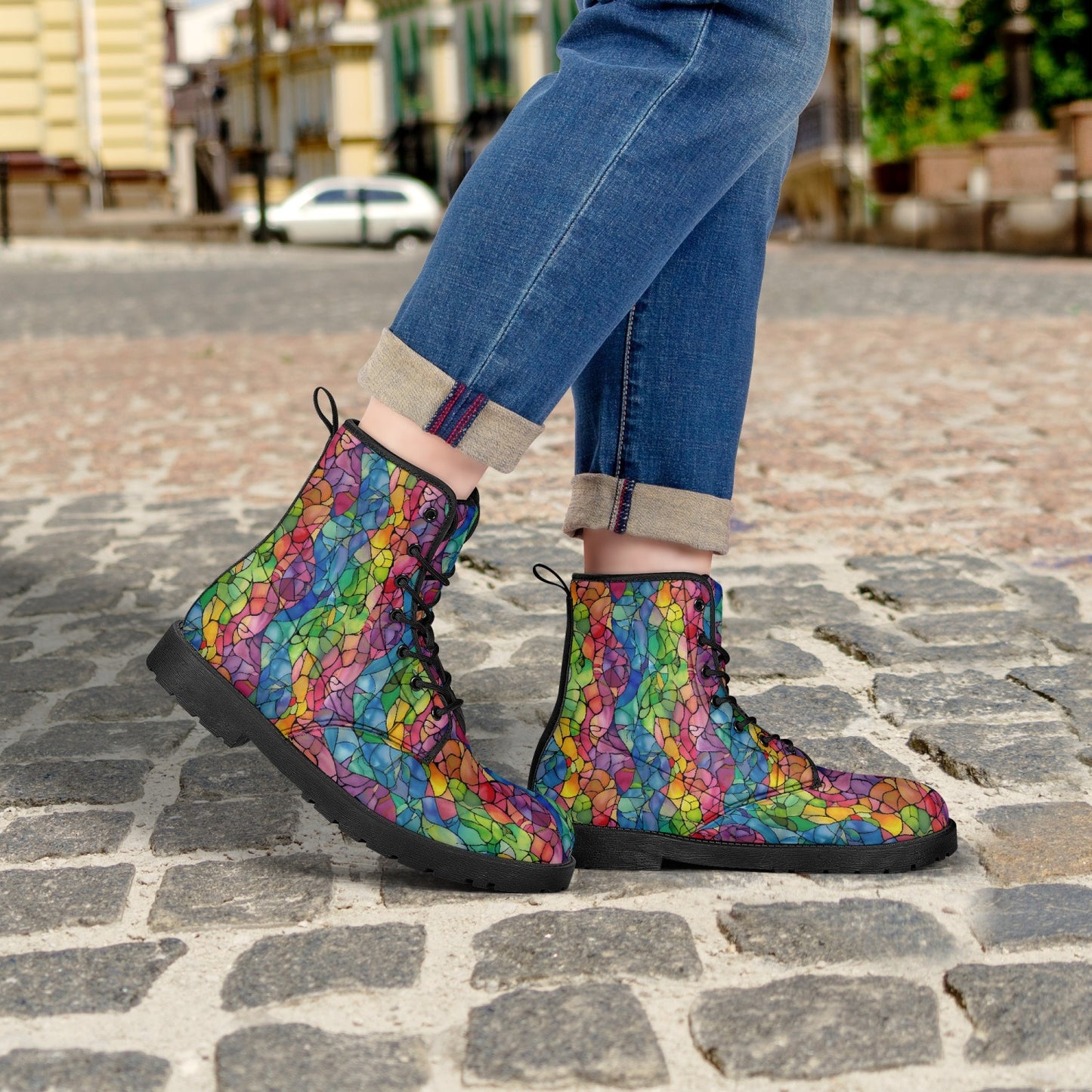 Stained Glass Leather Combat Boots