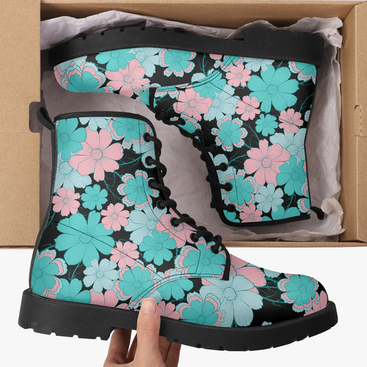 Retro  Blue Pink Floral  Leather Combat Boots